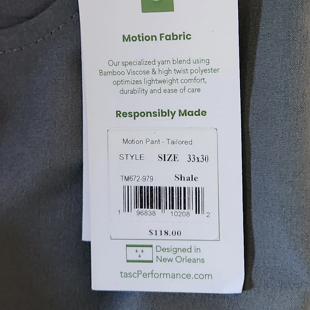 tasc Performance Motion Pant Mens 33x30 Shale Gray Tailored Slim TM672-979 NEW